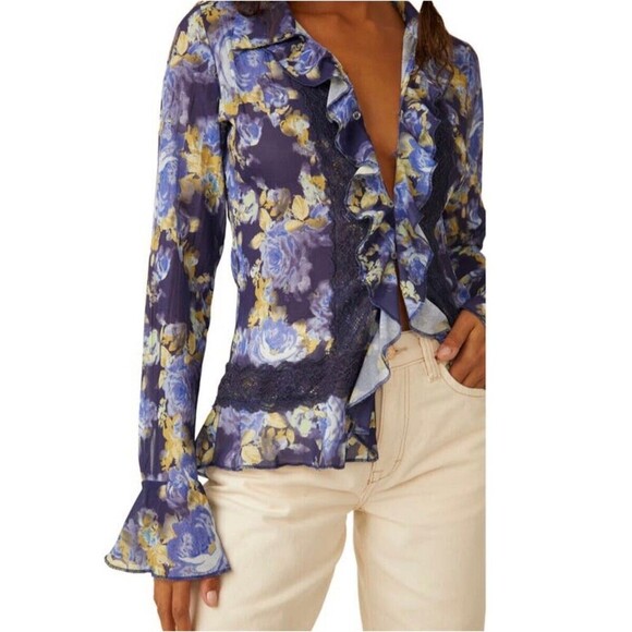 Free People Bad at Love Blouse Sheer Floral Ruffle Sleeve Lace Boho Fairy Whimsy - Picture 1 of 13